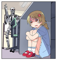  anime_girl_hiding_from_a_terminator_(meme) blonde_hair blue_dress blush ceiling ceiling_light chair collar commentary crossover crying desk dot_nose dress drill_hair female flower fluorescent_lamp frilled_dress frilled_socks frills gun hair_flower hair_ornament hairclip hiding holding holding_weapon hugging_own_legs humanoid_robot idolmaster idolmaster_cinderella_girls indoors knees_up lolicon mary_janes medium_dress meme morikubo_nono office office_chair on_floor open_mouth orange_eyes parody puffy_sleeves red_footwear ringlets robot science_fiction shaded_face shoes short_sleeves sitting skeleton socks solo_focus swivel_chair t-800 tearing_up tears terminator_(series) the_terminator tonmoh under_the_table wavy_mouth weapon white_socks whiteboard 