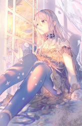  absurdres anklet arm_at_side arm_support bad_id bad_pixiv_id bare_shoulders beamed_eighth_notes blurry blurry_foreground bridal_gauntlets carnation carnation_recollection_(project_sekai) choker cloud cloudy_sky collarbone colored_eyelashes commentary curtains dark_clouds dress english_commentary evening eyelashes facing_viewer feet_out_of_frame female fingernails flower frilled_choker frills gem glint gold_trim grey_eyes grey_pantyhose hair_between_eyes hand_on_window hand_up headpiece highres indoors jewelry knees_together_feet_apart lace lace-trimmed_cuffs layered_dress long_hair looking_afar motion_blur musical_note off-shoulder_dress off_shoulder official_alternate_costume on_floor orange_theme pale_color pantyhose parted_lips pearl_(gemstone) pearl_hair_ornament petals polka_dot polka_dot_dress polka_dot_legwear project_sekai purple_dress purple_theme reflection shadow short_dress sidelighting sila99 sitting sky solo sparkle_print straight_hair sunlight sunset very_long_hair wall white_flower white_hair winding_key window wrist_cuffs yellow_sky yoisaki_kanade 