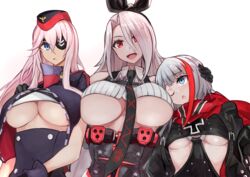  3girls :d :o ;o admiral_graf_spee_(azur_lane) anchor_symbol azur_lane bare_shoulders between_breasts black_dress black_gloves black_hairband black_necktie black_skirt blue_eyes breasts check_commentary clothing_cutout collared_shirt commentary_request crop_top cross dress eyepatch eyes_visible_through_hair garrison_cap gloves hair_between_eyes hair_over_one_eye hairband hand_on_another&#039;s_head hand_on_another&#039;s_shoulder hat height_difference high-waist_skirt highres huge_breasts iron_blood_(emblem) iron_cross jacket large_breasts long_hair long_sleeves looking_at_another looking_at_viewer marshall_k medium_breasts mole mole_under_eye multicolored_clothes multicolored_hair multicolored_jacket multiple_girls necktie necktie_between_breasts o-ring one_eye_closed open_clothes open_jacket open_mouth parted_bangs pink_hair prinz_heinrich_(azur_lane) purple_jacket red_eyes red_hair red_scarf ribbed_shirt scarf scharnhorst_(azur_lane) shirt short_hair short_sleeves sidelocks simple_background skirt smile standing streaked_hair trait_connection underboob underboob_cutout upper_body very_long_hair white_background white_hair white_shirt 