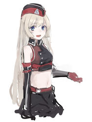  black_skirt blonde_hair blue_eyes breasts cowboy_shot cropped_legs detached_sleeves f2000_(girls&#039;_frontline) female garrison_cap girls&#039;_frontline gloves hat long_hair midriff open_mouth rampart1028 red_gloves red_hat simple_background skirt small_breasts smile solo teeth very_long_hair white_background 