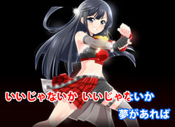  black_background black_hair blush breasts bunji commentary detached_sleeves dive!_(love_live!) earrings female fingerless_gloves gloves grey_eyes grin highres jewelry karaoke long_hair looking_at_viewer love_live! love_live!_nijigasaki_high_school_idol_club medium_breasts metal_hero midriff navel one_side_up parody sidelocks single_earring single_glove single_sleeve single_thighhigh smile solo sparkle star_(symbol) star_earrings thighhighs uchuu_keiji_sharivan yuki_setsuna_(love_live!) 