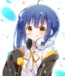  :q ahoge alternate_hair_length alternate_hairstyle artist_name black_jacket blue_hair blush brown_eyes clockwork_rabbit closed_mouth collared_shirt commentary deyui dress_shirt female gochuumon_wa_usagi_desu_ka? hair_between_eyes hand_up headphones headphones_around_neck highres hood hood_down hooded_jacket jacket jouga_maya long_hair long_sleeves looking_at_viewer neck_ribbon off_shoulder open_clothes open_jacket petals ribbon shirt signature simple_background sleeves_past_fingers sleeves_past_wrists smile solo tongue tongue_out white_background white_shirt yellow_ribbon 