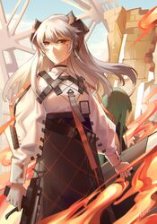  2girls arknights artist_name bad_id bad_pixiv_id black_skirt blue_sky commentary_request cowboy_shot day fire green_hair grey_hair gun hair_between_eyes holding holding_gun holding_weapon horns hoshiguma_(arknights) long_hair long_sleeves looking_at_viewer multiple_girls orange_eyes outdoors saria_(arknights) shirt signature single_horn skirt sky standing weapon white_shirt yukleeeee 