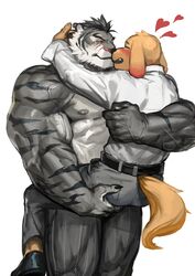  2022 abs absurd_res anthro anthro_on_anthro belt biceps big_muscles blush bottomwear canid canine canis carrying_another claws closed_eyes clothed clothing domestic_dog dress_shirt duo eyebrows felid footwear fur hair heart_symbol hi_res hug huge_muscles love male male/male mammal muscular muscular_anthro muscular_male nipples nose_to_nose open_mouth open_smile pantherine pants pecs romantic romantic_couple scar shirt shoes simple_background size_difference smile teeth tiger topless topless_anthro topless_male topwear traver009 triceps tuft vein veiny_muscles white_background 