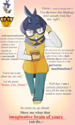  anthro blipbug book buckteeth clothing dialogue english_text eyewear female flirting flirting_with_viewer generation_8_pokemon glasses hi_res jaylus_t_meowstic nerd nerd_emoji_(meme) nintendo pokemon pokemon_(species) simple_background solo talking_to_viewer teeth text 