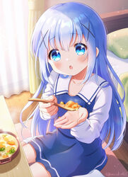  :o bed blue_eyes blue_hair blue_skirt blush commentary curtains feeding female food gochuumon_wa_usagi_desu_ka? hair_between_eyes hair_ornament holding holding_spoon incoming_food indoors kafuu_chino kafuu_chino&#039;s_school_uniform long_sleeves looking_at_viewer mozukun43 pov school_uniform sitting skirt socks solo spoon steam stew twitter_username wariza white_socks wooden_floor wooden_spoon x_hair_ornament 