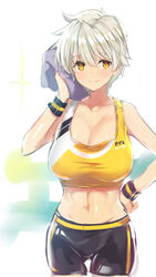  abs armband belly bike_shorts blush breasts cleavage closed_mouth female hair_between_eyes hand_on_own_hip highres holding holding_towel large_breasts looking_at_viewer medium_breasts miyabi_(senran_kagura) navel senran_kagura short_hair shorts simple_background smile solo sports_bra standing sweat toned towel white_background white_hair wiping_sweat yaegashi_nan yellow_eyes 