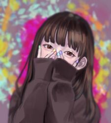  blunt_bangs blurry blurry_background brown_eyes brown_hair brown_sweater commentary covering_own_mouth female hands_on_own_face hands_up highres long_hair long_sleeves looking_at_viewer multicolored_nails original sleeves_past_wrists solo sweater upper_body yoshima34 