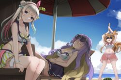  3girls airani_iofifteen animal_ears area_15 ayunda_risu beach beach_umbrella bikini bikini_skirt black_bikini blonde_hair blue_sky blush bow breasts brown_hair cleavage closed_eyes cloud colored_inner_hair food fruit green_bikini green_skirt hairbow highleg highleg_bikini highres hololive hololive_indonesia hololive_summer_2023_swimsuit large_breasts long_hair looking_at_viewer moona_hoshinova multicolored_hair multiple_girls navel pink_hair pink_skirt purple_eyes purple_hair redundant-cat sand side_ponytail sidelocks skirt sky small_breasts squirrel_ears squirrel_girl squirrel_tail striped_bikini striped_clothes swimsuit tail thigh_strap umbrella virtual_youtuber watermelon 