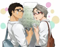  2boys 8_(yamalu) black_hair brown_eyes commentary_request glasses grey_hair haikyuu!! looking_back male_focus mole mole_under_eye multiple_boys muscular muscular_male pectorals sawamura_daichi shirt short_hair sideburns sugawara_koushi 