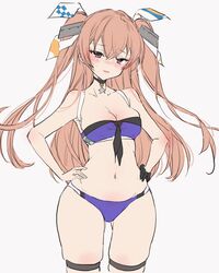  bikini blue_bikini breasts brown_eyes chigasaki_yukari cleavage cowboy_shot female front-tie_bikini_top front-tie_top hair_ornament hair_ribbon hands_on_own_hips highres johnston_(kancolle) johnston_kai_(swimsuit_mode)_(kancolle) kantai_collection light_brown_hair long_hair looking_at_viewer medium_breasts official_alternate_costume ribbon simple_background solo swimsuit two_side_up white_background 