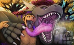  absurd_res ambiguous_gender anthro bodily_fluids breath chump claws dragon duo eating feral haplorhine hi_res huge_filesize licking long_tongue male mammal monkey mouth_shot mythological_creature mythological_scalie mythology neuro open_mouth paws primate rektalius saliva scalie smiles teeth tongue tongue_out uvula 