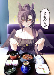  2girls :q adapted_costume animal_ears bare_shoulders black_shirt black_wings blush breasts cleavage collarbone commentary_request couch earrings feathered_wings fish_(food) food grilled_eel hair_between_eyes highres horse_ears horseshoe_earrings indoors jewelry kurokoma_saki layered_shirt long_hair looking_at_viewer medium_breasts multiple_girls necklace no_headwear nori_(seaweed) off-shoulder_shirt off_shoulder pegasus_wings photo_background pointing pointing_down ponytail red_eyes reflection shirt sitting solo_focus sparkle syuri22 tongue tongue_out touhou toyosatomimi_no_miko translated wings 