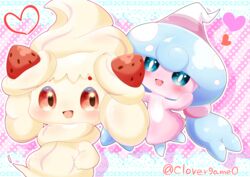  absurd_res alcremie blue_eyes blue_hair clovergame0 duo female food food_creature food_hair fruit generation_8_pokemon hair hattrem heart_symbol hi_res nintendo not_furry pink_body plant pokemon pokemon_(species) pseudo_hair red_eyes smile strawberry white_body 