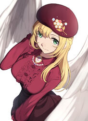  angel_wings beret blonde_hair blouse dress eris_jerand feathered_wings female from_above green_eyes hat highres long_sleeves looking_at_viewer nagioka purple_dress purple_hat red_shirt shirt simple_background smile solo star_ocean star_ocean_anamnesis white_background wings 