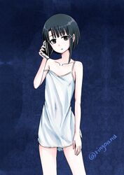  asymmetrical_hair brown_eyes brown_hair camisole cellphone collarbone commentary female hair_ornament hairclip highres iwakura_lain looking_at_viewer phone ringoanu serial_experiments_lain short_hair sleeveless solo strap_slip white_camisole x_hair_ornament 