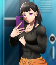  abs bad_id bad_twitter_id black_hair black_shirt blunt_bangs blurry blurry_background breasts cellphone cleavage collarbone commentary_request en&#039;en_no_shouboutai female highres holding holding_phone indoors large_breasts locker locker_room long_sleeves looking_at_viewer maki_oze muscular muscular_female phone purple_eyes selfie shirt smartphone solo tsukumo_momo 