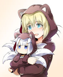  2girls animal_ears animal_hood azur_lane baggy_clothes bataan_(azur_lane) bataan_(comfy_cotton_jammies)_(azur_lane) blonde_hair blue_eyes bodysuit brown_bodysuit brown_hoodie cat_hood cat_pajamas commentary_request eyeliner eyeshadow fake_animal_ears fake_whiskers fox_ears fox_girl fox_tail green_eyes hood hooded_pajamas hoodie kaga_(azur_lane) makeup multiple_girls multiple_tails pajamas short_hair steed_(steed_enterprise) tail whiskers white_hair 