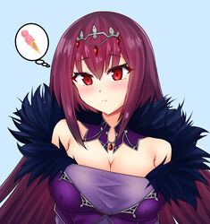  acefish breasts cleavage covered_nipples dress fate/grand_order fate_(series) feather_trim female food fur-trimmed_dress fur_trim hair_between_eyes headpiece ice_cream ice_cream_cone large_breasts purple_dress purple_hair red_eyes scathach_(fate) scathach_skadi_(fate) solo thinking tiara upper_body 