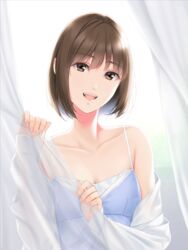  blue_camisole breasts brown_eyes brown_hair camisole cleavage commentary english_commentary female highres long_sleeves looking_at_viewer nayuta69 open_clothes open_mouth open_shirt original shirt small_breasts smile solo white_shirt 