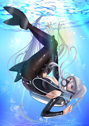  absurdres armpit_cutout azur_lane black_wetsuit blue_eyes bodysuit breasts clothing_cutout diving diving_mask diving_suit enterprise_(azur_lane) enterprise_(diving_under_blue_skies)_(azur_lane) female flippers goggles grey_hair highres konparu_uran large_breasts long_hair official_alternate_costume open_wetsuit oxygen_tank pantyhose pantyhose_under_swimsuit ponytail pouch scuba_gear scuba_tank snorkel snorkel_in_mouth swim_goggles swimsuit thigh_pouch torn_clothes torn_pantyhose underwater wetsuit 