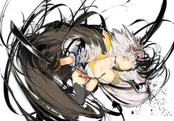  bad_id bad_pixiv_id bandaged_hand bandages black_thighhighs breasts female garter_straps high_collar holding holding_sword holding_weapon large_breasts miyabi_(senran_kagura) parted_lips senran_kagura short_hair simple_background solo spiked_hair sword thighhighs torn_clothes weapon white_hair yaegashi_nan yellow_eyes 