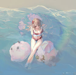  absurdres ahoge animal animal_ears arknights beach bikini crossed_legs eyjafjalla_(arknights) eyjafjalla_(summer_flower)_(arknights) female flower hair_flower hair_ornament highres horns long_hair official_alternate_costume open_mouth outdoors partially_submerged pink_bikini red_eyes red_flower rockyroo sarong sheep sheep_ears sheep_girl sheep_horns sitting solo stomach swimsuit thigh_gap water white_sarong 