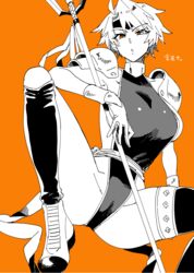  armor breasts camille_(suikoden) female gensou_suikoden gensou_suikoden_i greyscale_with_colored_background leotard looking_at_viewer monochrome orange_background orange_eyes polearm short_hair simple_background solo spear spot_color thighhighs weapon yukataro 