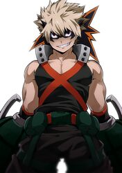  1boy 8_(yamalu) bakugou_katsuki blonde_hair boku_no_hero_academia commentary_request green_eyes looking_at_viewer male_focus muscular muscular_male open_mouth pants red_eyes short_hair smile solo spiked_hair teeth 