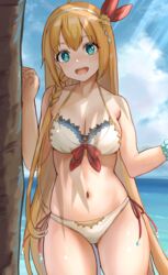  absurdres bikini blue_eyes blue_sky breasts cleavage cloud commentary cowboy_shot dappled_sunlight day female hairband highres horizon large_breasts long_hair looking_at_viewer navel ocean open_mouth orange_hair outdoors palm_tree pecorine_(princess_connect!) pecorine_(summer)_(princess_connect!) princess_connect! round_teeth sky smile solo standing sunlight swimsuit teeth tree upper_teeth_only very_long_hair white_bikini yami_anko 