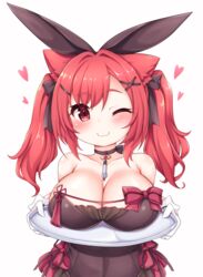  ;3 absurdres animal_ears azur_lane bare_shoulders black_choker blush bow breast_rest breasts breasts_on_tray brown_leotard cat_ears cat_girl choker cleavage closed_mouth collarbone commentary_request covered_navel cowboy_shot fake_animal_ears female frilled_leotard frills gloves hair_between_eyes hair_ornament hairbow heart highres holding holding_tray i-19_(azur_lane) i-19_(blossoming_bunny)_(azur_lane) kinomiki_nobori large_breasts leotard long_hair looking_at_viewer official_alternate_costume one_eye_closed pantyhose playboy_bunny rabbit_ears red_eyes red_hair sidelocks simple_background smile solo standing strapless strapless_leotard tray twintails white_background white_gloves x_hair_ornament 