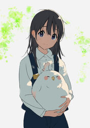  animal bad_id bad_twitter_id bird black_hair blue_dress blue_eyes closed_mouth collared_shirt dera_mochimazzui dress female highres holding holding_animal kakeami kitashirakawa_tamako long_hair long_sleeves looking_at_viewer school_uniform shirt sleeveless sleeveless_dress smile tamako_market white_shirt 