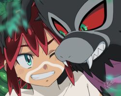  1boy bad_id bad_pixiv_id bodypaint clenched_teeth colored_sclera commentary_request green_eyes highres koko_(pokemon) male_focus one_eye_closed petagon pokemon pokemon_(anime) pokemon_(creature) pokemon_the_movie:_secrets_of_the_jungle red_eyes red_sclera signature smile teeth topless_male zarude zarude_(dada) 