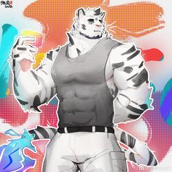  1boy abstract_background absurdres animal_ears arknights bara black_tank_top blue_eyes facial_hair feet_out_of_frame furry furry_male goatee gou_minami_south highres large_hands large_pectorals male_focus mountain_(arknights) muscular muscular_male pants pectorals scar scar_across_eye scar_on_arm short_hair sidepec smile solo tail tank_top thick_eyebrows tiger_boy tiger_ears tiger_tail white_hair white_pants 