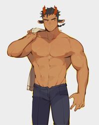  1boy abs all_saints_street animal_ears bara black_hair clip_studio_paint_(medium) closed_mouth clothes_on_shoulders commentary_request dark_skin demon_boy demon_horns highres horns large_pectorals male_focus mature_male muscular muscular_male navel nick_holt nipples pectorals short_hair smile solo sparse_navel_hair stomach topless_male yogireji 