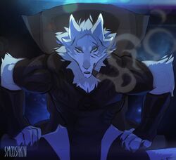  5_fingers anthro canid canine canis chair cigar clothed clothing digital_media_(artwork) fingers fur furniture looking_at_viewer male mammal open_mouth scar simple_background sitting smoke smoking smooshkin solo teeth wolf 