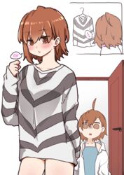  ... 2girls accelerator_(toaru_majutsu_no_index) accelerator_(toaru_majutsu_no_index)_(cosplay) age_difference ahoge blue_camisole blush borrowed_clothes breasts brown_eyes brown_hair camisole collarbone commentary_request cosplay diagonal-striped_shirt diagonal_stripes hair_between_eyes hand_up highres i.u.y last_order_(toaru_majutsu_no_index) lolicon long_sleeves medium_breasts medium_hair misaka_worst multiple_girls open_clothes open_door open_shirt shirt siblings sisters sleeves_past_wrists spoken_blush spoken_ellipsis striped_clothes striped_shirt toaru_majutsu_no_index toaru_majutsu_no_index:_new_testament white_background white_shirt 