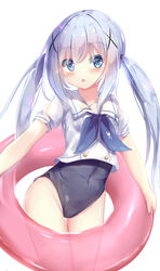  :o bad_id bad_pixiv_id black_one-piece_swimsuit blue_eyes blue_hair blue_neckerchief blush commentary female gochuumon_wa_usagi_desu_ka? groin hair_between_eyes hair_ornament highres innertube kafuu_chino kafuu_chino&#039;s_school_uniform long_hair looking_at_viewer natuna_natu neckerchief one-piece_swimsuit parted_lips puffy_short_sleeves puffy_sleeves sailor_collar school_uniform serafuku shirt short_sleeves sidelocks simple_background solo swim_ring swimsuit swimsuit_under_clothes twintails very_long_hair white_background white_sailor_collar white_shirt x_hair_ornament 