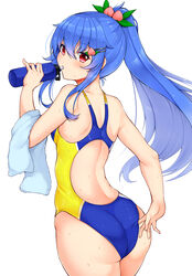  adjusting_clothes adjusting_swimsuit alternate_costume alternate_hairstyle ass back_cutout bare_arms bare_shoulders blue_hair blush bottle breasts clothing_cutout commentary_request competition_swimsuit cowboy_shot daichi_(tokoya) drinking female food from_behind fruit hair_between_eyes hair_fruit hair_ornament hairclip hand_up highres hinanawi_tenshi holding leaf_hair_ornament long_hair looking_at_viewer looking_back multicolored_clothes multicolored_swimsuit no_headwear one-piece_swimsuit peach ponytail red_eyes sidelocks simple_background small_breasts solo swimsuit touhou towel two-tone_swimsuit water_bottle water_drop wet wet_clothes wet_swimsuit white_background 