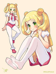  :d alternate_hairstyle backpack bag blonde_hair blush closed_mouth commentary cosplay eyelashes feet female green_eyes hair_bobbles hair_ornament hair_rings highres kinocopro lillie_(pokemon) long_hair mira_(pokemon) mira_(pokemon)_(cosplay) multiple_views no_shoes open_mouth pantyhose pink_footwear pink_shorts pokemon pokemon_dppt pokemon_sm raised_eyebrows shirt shoes short_sleeves shorts smile soles toes white_pantyhose white_shirt yellow_bag 