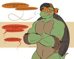  5:4 absurd_res anthro bandana bodily_fluids clothing dialogue eyewear hat headgear headwear hi_res kerchief looking_at_viewer male michelangelo_(tmnt) muscular muscular_anthro muscular_male mutantail reptile scalie solo speech_bubble sweat teenage_mutant_ninja_turtles teenage_mutant_ninja_turtles_(2012) text turtle wristband 