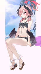  absurdres ankle_ribbon bare_arms bare_legs bare_shoulders bikini black_bikini black_bow black_wings blue_archive blush bow breasts closed_mouth cloud collarbone day double-parted_bangs feathered_wings feet female floral_print front-tie_bikini_top front-tie_top hairbow halo head_wings highres koharu_(blue_archive) koharu_(swimsuit)_(blue_archive) leg_ribbon long_hair low_twintails low_wings mimizuku_(mmiganaru) official_alternate_costume pink_eyes pink_hair pink_halo platform_footwear print_bikini red_halo ribbon sandals sitting small_breasts solo spaghetti_strap stomach swimsuit toes twintails wings 