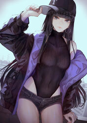  bare_shoulders baseball_cap black_hair black_jacket black_leotard blue_shorts blunt_bangs bra bra_visible_through_clothes breasts collarbone commentary_request covered_navel denim denim_shorts earrings female fingernails grey_eyes hat highleg highleg_leotard highres hoop_earrings jacket jewelry kaoming leotard long_hair long_sleeves looking_at_viewer major_league_baseball medium_breasts open_clothes open_jacket original see-through short_shorts shorts solo texas_rangers thighs underwear yokosuka_mai 