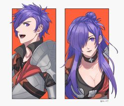  1boy 4ki_ori9 armor black_choker breastplate breasts choker cleavage commentary female fire_emblem fire_emblem:_three_houses fire_emblem_warriors:_three_hopes hair_bun hair_over_one_eye highres large_breasts long_hair looking_at_viewer one_eye_covered open_mouth outside_border purple_eyes purple_hair shez_(female)_(fire_emblem) shez_(fire_emblem) shez_(male)_(fire_emblem) short_hair shoulder_armor single_hair_bun smile teeth twitter_username 