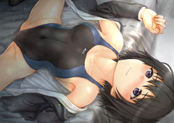  amagami black_hair black_jacket black_one-piece_swimsuit blazer breasts brown_eyes cleavage commentary_request competition_swimsuit covered_navel cowboy_shot female highres jacket lying medium_breasts nanasaki_ai on_back one-piece_swimsuit open_clothes open_jacket sasagawa_(haikaiki) short_hair solo spread_legs swimsuit two-tone_swimsuit 