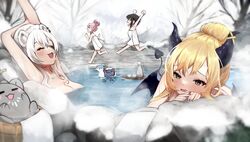  4girls absurdres animal_ears bathing blonde_hair breasts character_request chocolat-chan_(yuzuki_choco) cleavage demon_girl demon_horns demon_tail demon_wings grey_hair hair_bun highres himemori_luna hololive horns large_breasts lion_ears lion_girl mashiro_io medium_hair multiple_girls nude onsen oozora_subaru pink_hair same-sex_bathing shared_bathing shishiro_botan single_hair_bun small_breasts ssrb_(shishiro_botan) subachocolunatan_(hololive) subaru_duck tail virtual_youtuber wings winter yuzuki_choco 