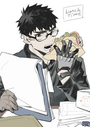  1boy alchemy_stars black_hair coat eating food glasses gloves holding long_sleeves male_focus open_mouth paper pittman_(alchemy_stars) scar scar_on_cheek scar_on_face shirt shishio_(shishio5431) short_hair solo 