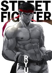  1boy 8_(yamalu) abs bara black_hair commentary_request headband large_pectorals male_focus mature_male muscular muscular_male navel nipples pectorals ryu_(street_fighter) solo stomach street_fighter topless_male 