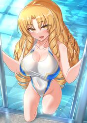  bad_id bad_twitter_id bare_shoulders blonde_hair blush breasts brown_eyes cleavage collarbone covered_navel coyomin drill_hair fate/kaleid_liner_prisma_illya fate_(series) female highleg highleg_swimsuit highres large_breasts long_hair looking_at_viewer luviagelita_edelfelt one-piece_swimsuit open_mouth parted_bangs pool poolside quad_drills smile solo swimsuit thighs very_long_hair wet white_one-piece_swimsuit 