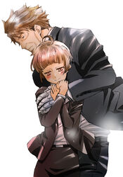  1boy ahoge black_pants black_suit blush brown_hair crossed_arms female formal hands_up long_sleeves masaoka_tomomi mechanical_arms millipen_(medium) old old_man pants prosthesis prosthetic_arm psycho-pass red_eyes short_hair simple_background single_mechanical_arm skirt smile standing suit taketake09190920 traditional_media tsunemori_akane white_background 